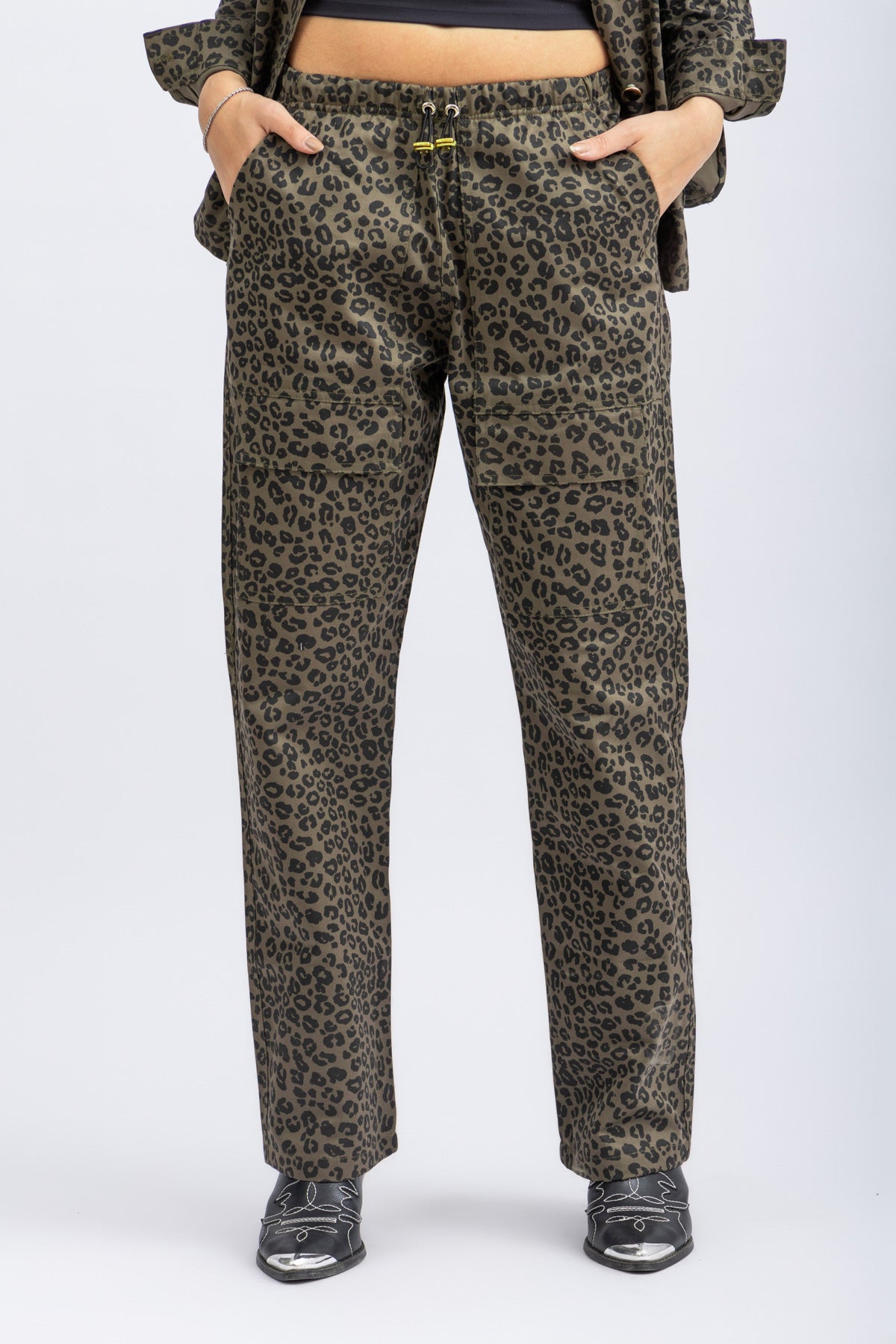 green animal print pants